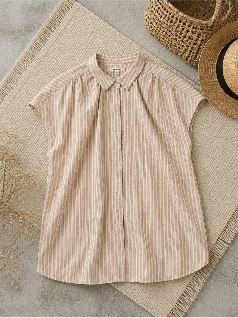 Max Studio Sleeveless Striped Button-Front Blouse - Cream/Tan